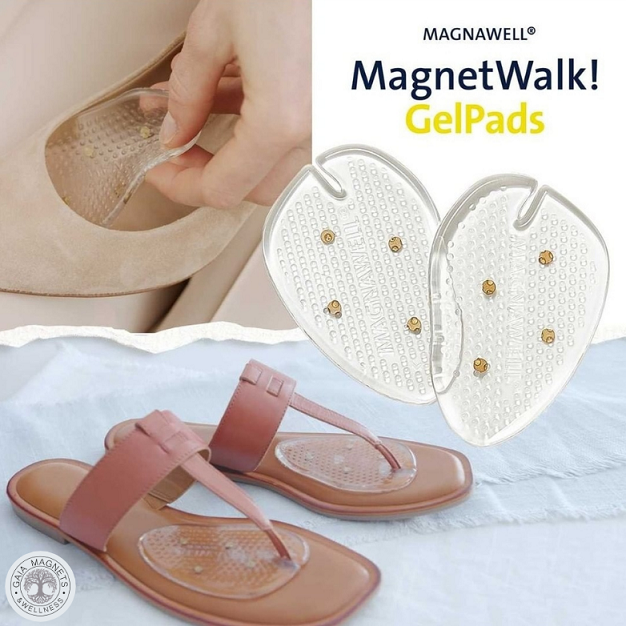 MAGNAWELL MagnetWalk Gel Pads shown inside a pair of sandals