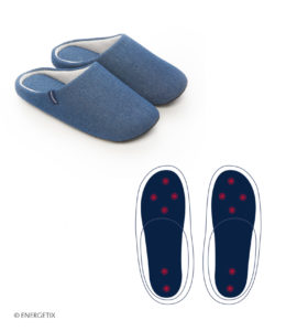 Pair of blue denim style slippers with image showing the location of the 6 integrated magnets