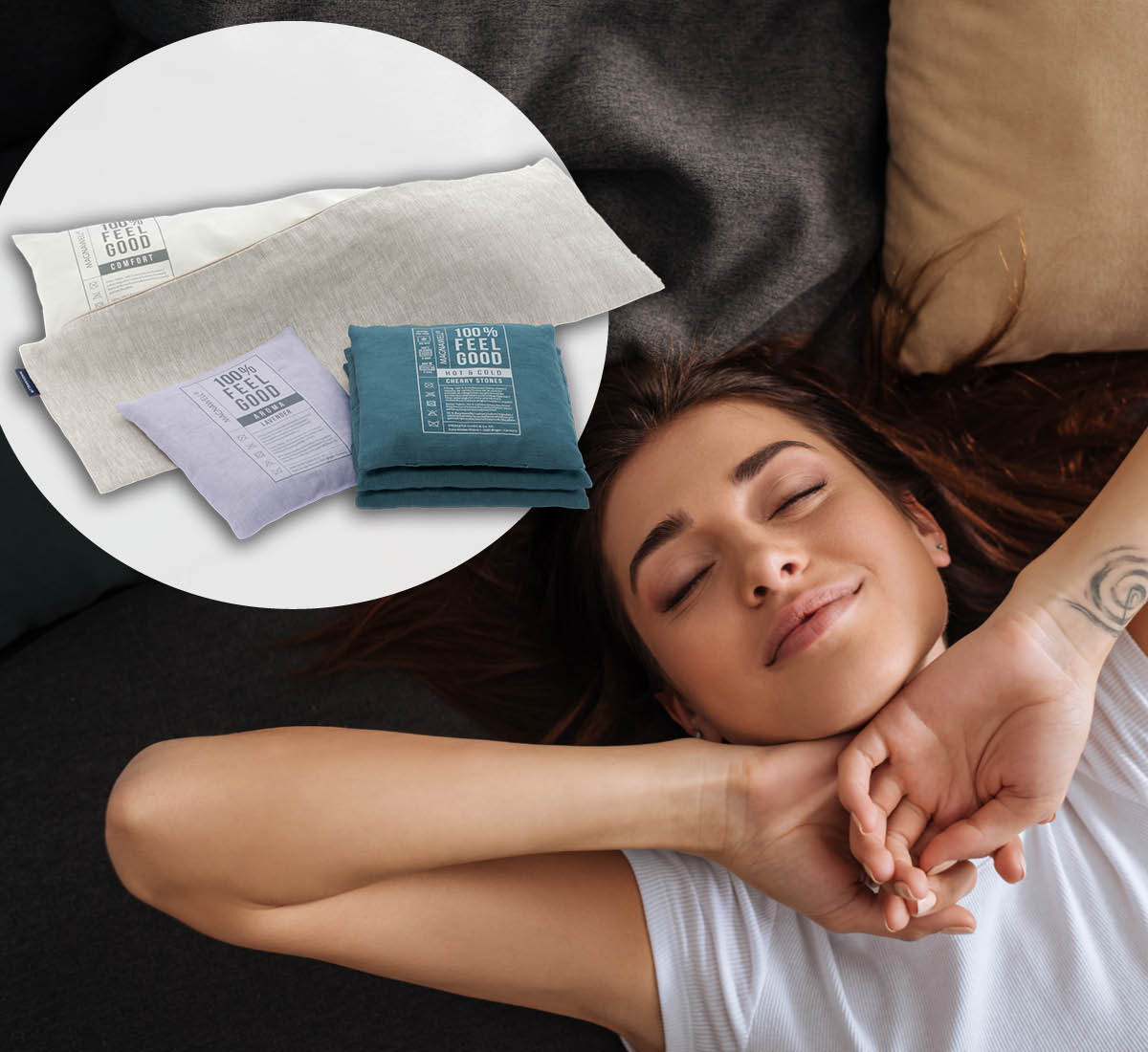 100% Feel Good Magnet Cushion with removable inserts, next to model with eyes closed looking happy and relaxed. ©-ENERGETIX-2020