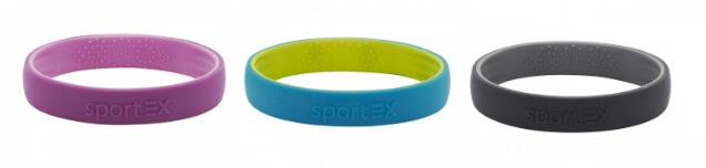 Three sportEX magnetic bracelets lined up horizontally - purple, blue/yellow and black