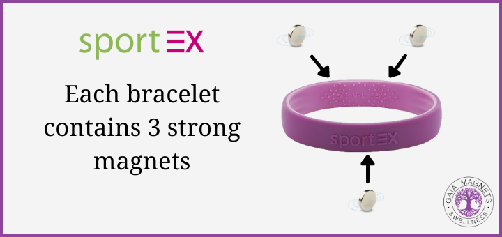 Each bracelet contains 3 strong magnets - picture of sportex magnetic bracelet with arrows showing where the magnets are incorporated