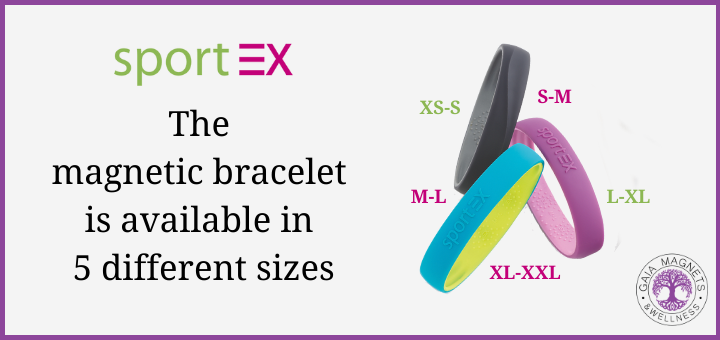 the magnetic bracelet us available in 5 different sizes - photo of 3 sportex bracelets and sizes between extra small and double extra large