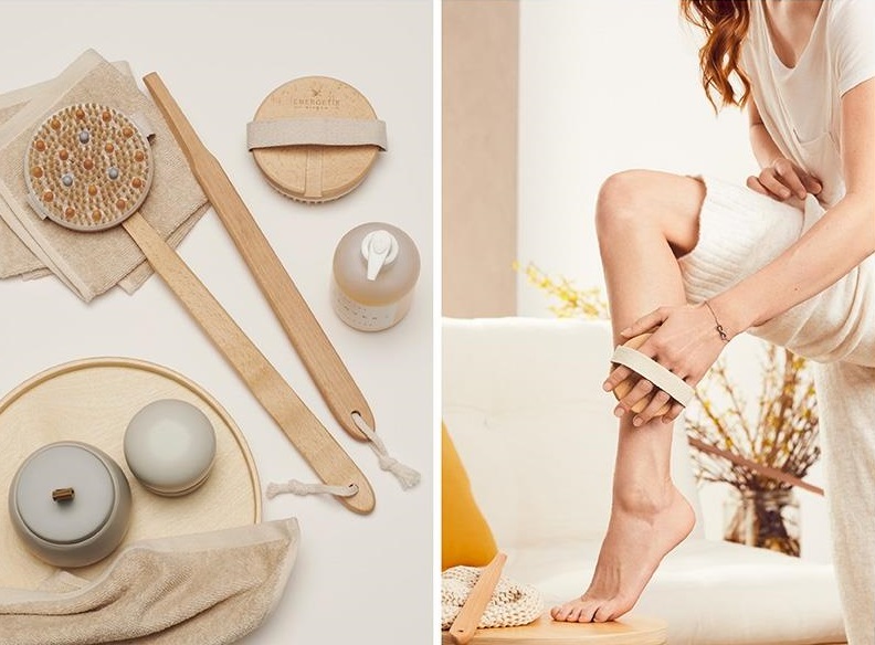 ENERGETIX Body Brush in use - model showing how to use the brush on her leg