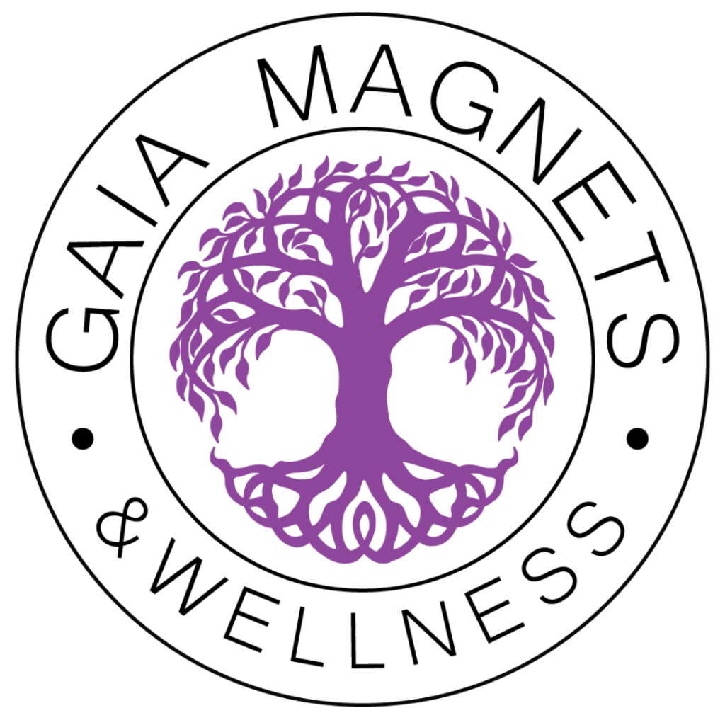 Gaia Magnets and Wellness logo -purple coloured tree of life surrounded by text
