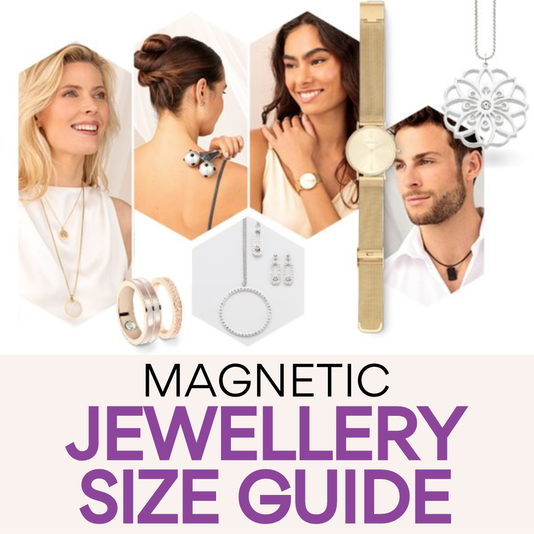 4 different models wearing Magnetic Jewellery and a selection of magnetic jewellery pieces above text saying Magnetic Jewellery Size Guide