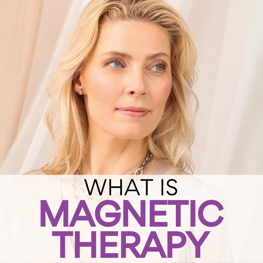 Blond female model wearing Energetix magnetic necklace with text underneath saying What is Magnetic Therapy