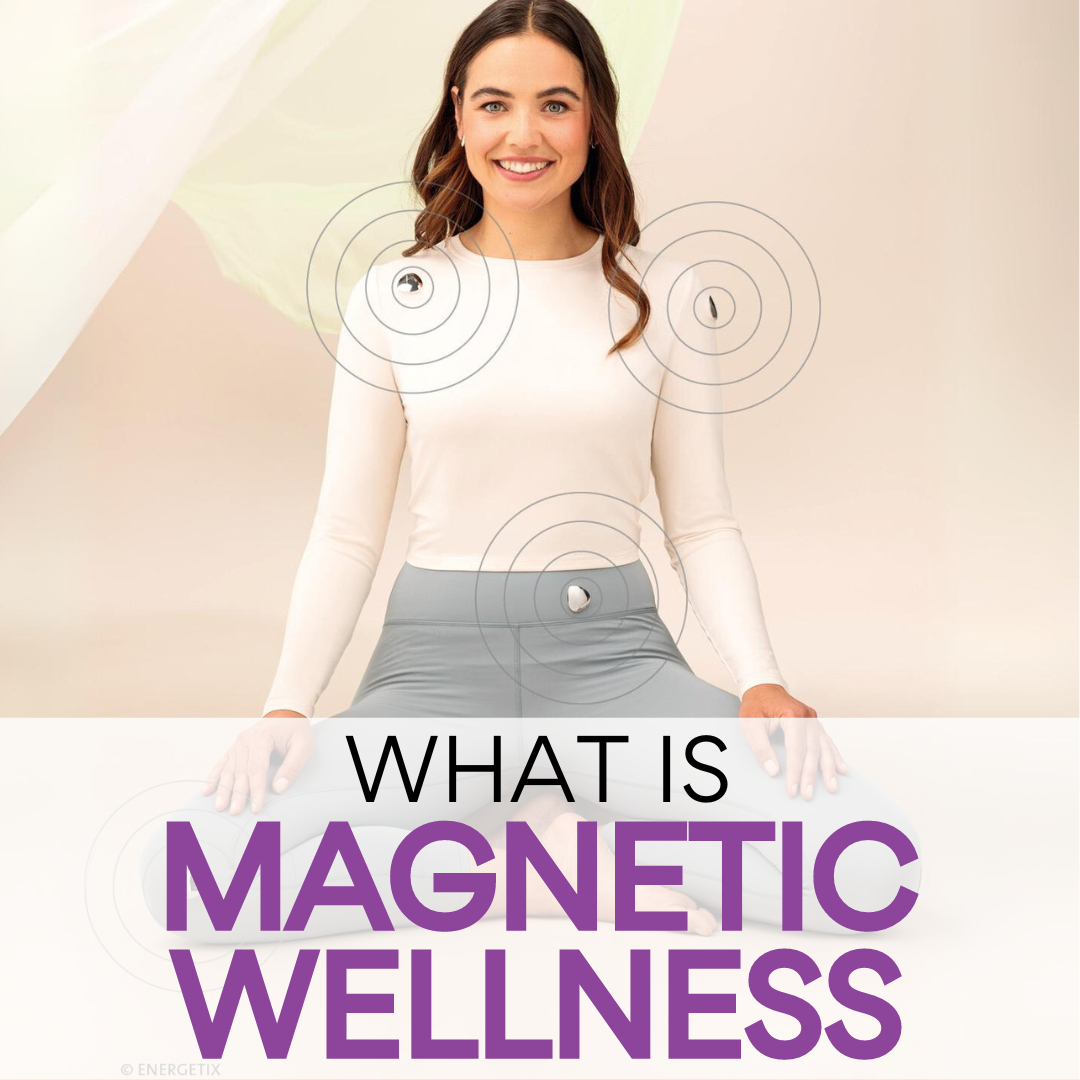 Brunette female model sat cross-legged with text underneath saying What is Magnetic Wellness