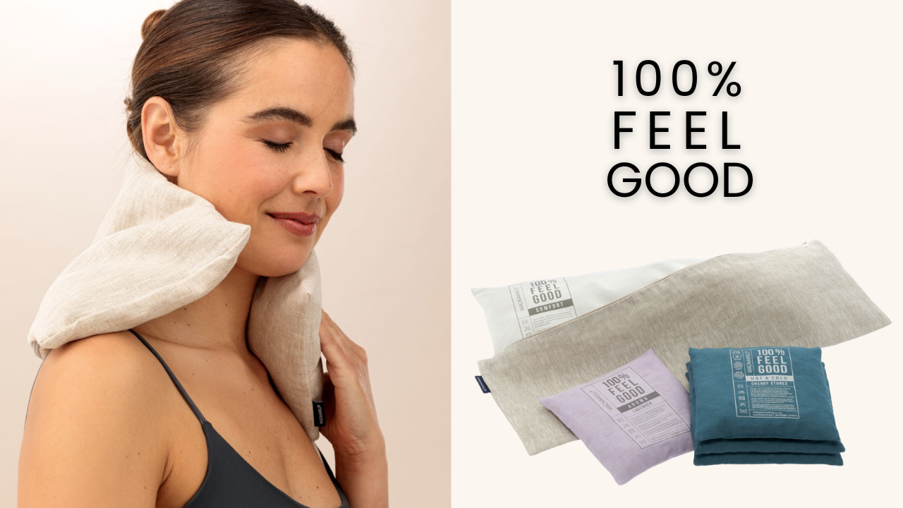 A person on the left with with her eyes closed, with a 100% Feel Good cushion around her neck. On the right is the 100% Feel Good cushion set