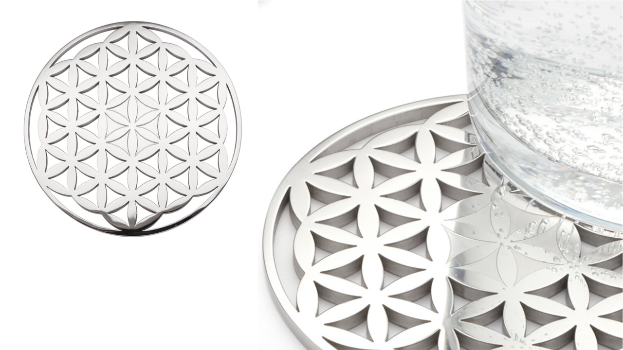 Magnetic stainless steel coaster with Flower of Life design