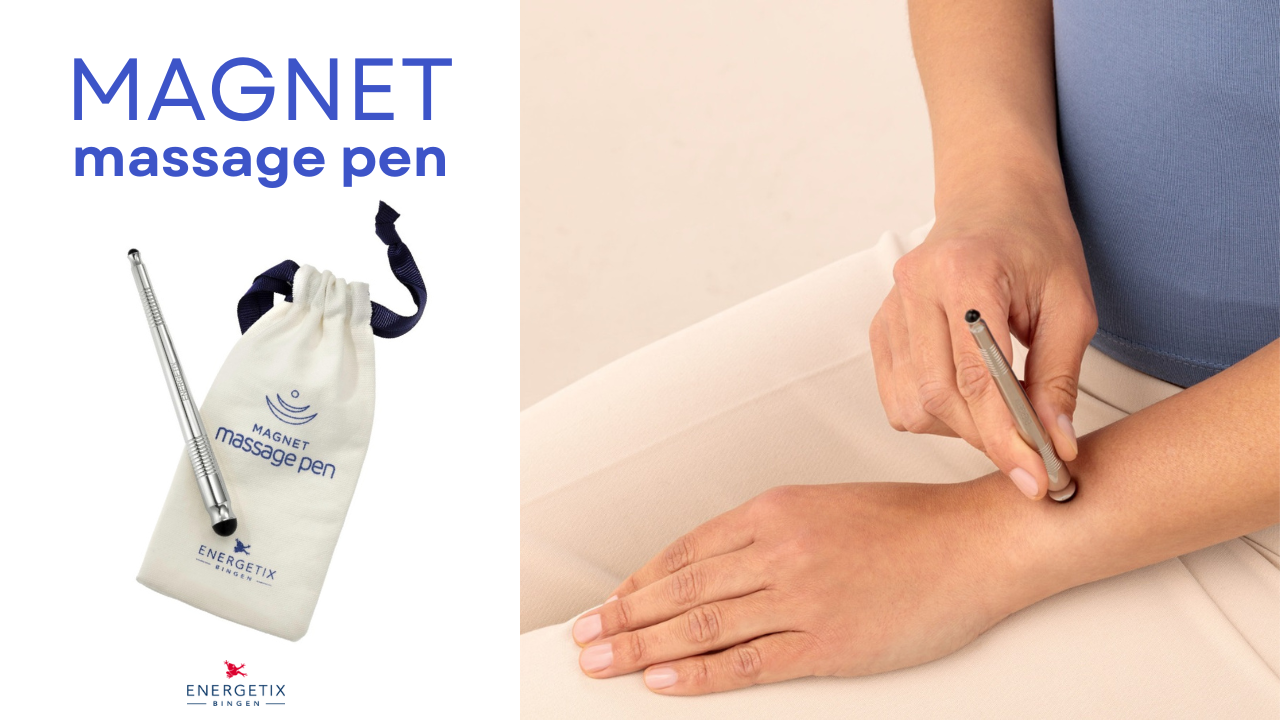 ENERGETIX Magnet Massage Pen with it's storage pouch. On the other side is a model using the Magnet Massage Pen on an acupressure point on her arm.