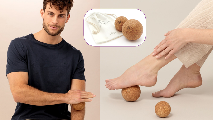 A model using the Pure Balance Magnetic Fascia Balls on his arms, and another model using the balls on her feet