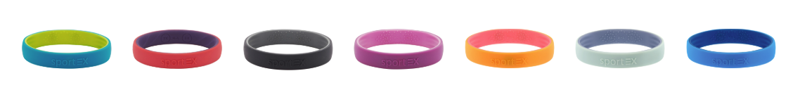 A line of seven ENERGETIX SportEX Magnetic Bracelets in the various colours available in 2025