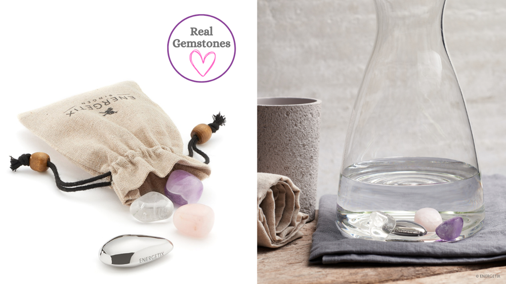 A close up photo of the ENERGETIX Water Quartet - a small linen bag containing a neodynium magnet in a pebble shape, with three crystals. The other side of the picture is a glass jug with the water quartet in the bottom, covered with water.