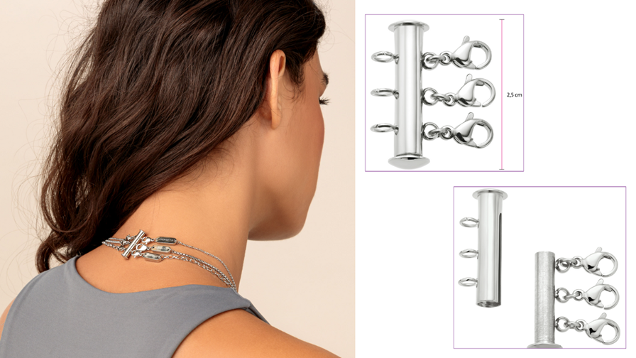 The back of a model's neck showing her wearing an ENERGETIX Clasp for chainlayering. To the side shows a closeup of the clasp with the size of 2.5cm and also what the clasp looks like open.