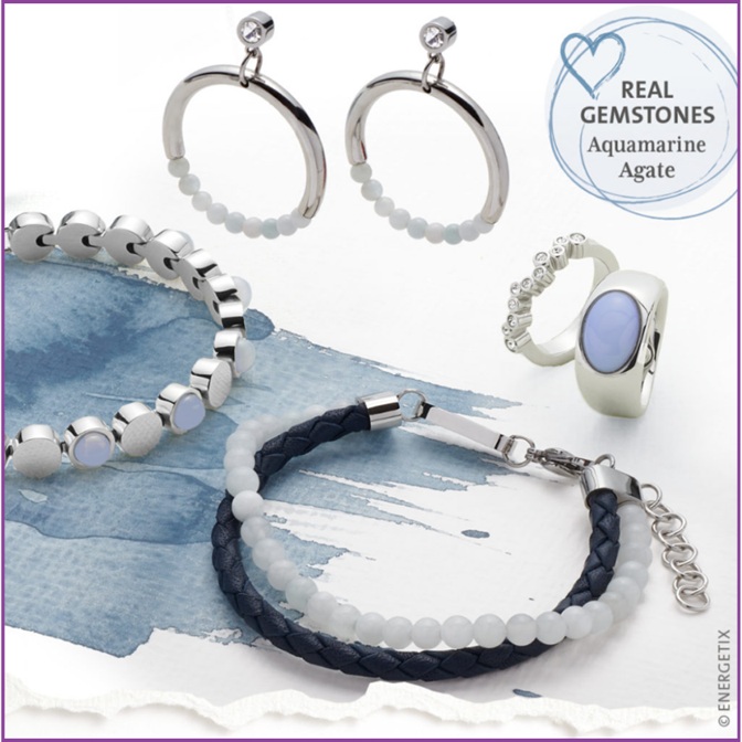 ENERGETIX Gift Ideas for Her - A selection of Magnetic Bracelets, ear hoops and rings, all with Aquamarine gemstones