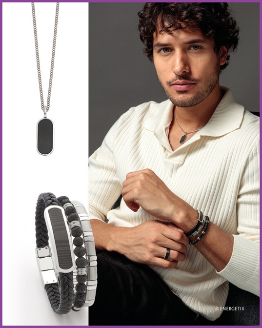 A model wearing a selection of ENERGETIX Magnetic bracelets and a necklace, and on the left is a close-up of the jewellery