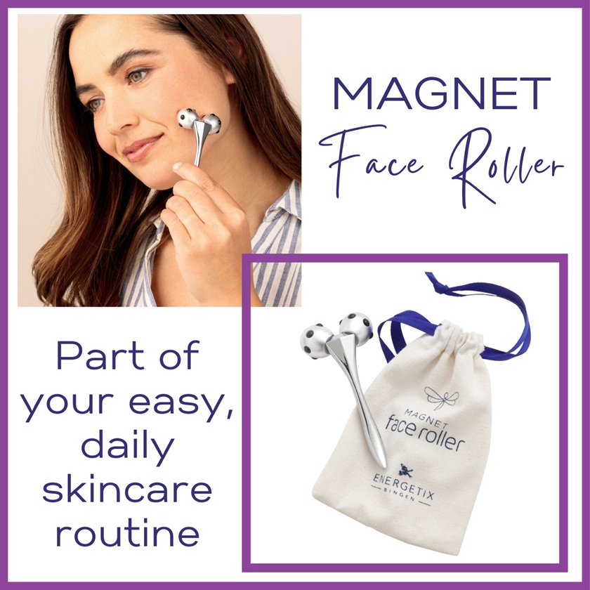 Model using the ENERGETIX Magnet Face Roller - part of your easy, daily skincare routine