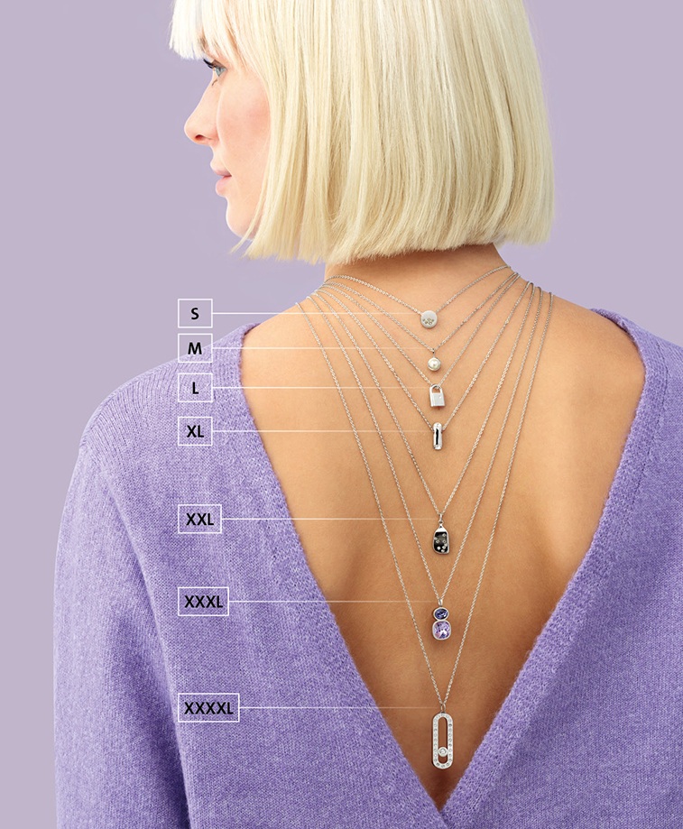 A model wearing a low back top, with a varierty of ENERGETIX necklaces handing down, and next to them the different sizes listed and pointing to the corresponding necklace.