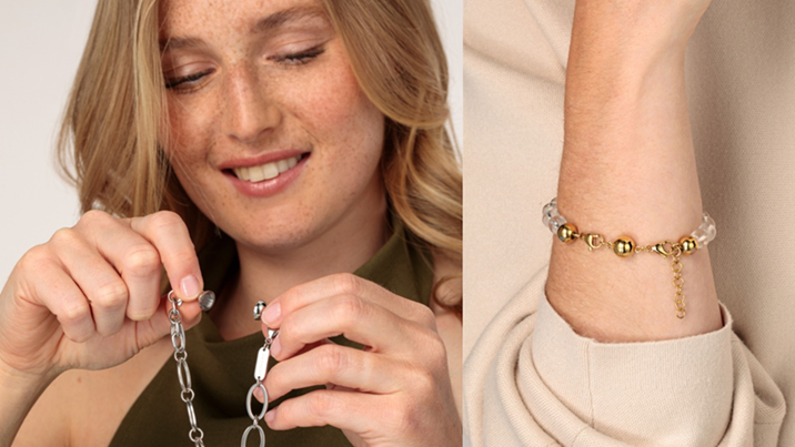 A model holding up an ENERGETIX Magnetic Bracelet with a silver-coloured magnetic clasp attached. A model's arm with an ENERGETIX gold-coloured magnetic clasp.