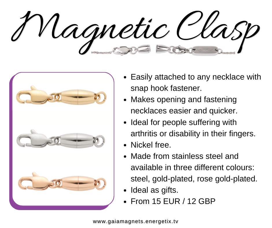 ENERGETIX Magnetic Clasps for necklaces, available in stainless steel colour, and plated gold and rose-gold.