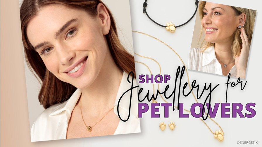 Two photos of models wearing paw print motif jewellery, and a selection of ENERGETIX pet lovers magnetic jewellery