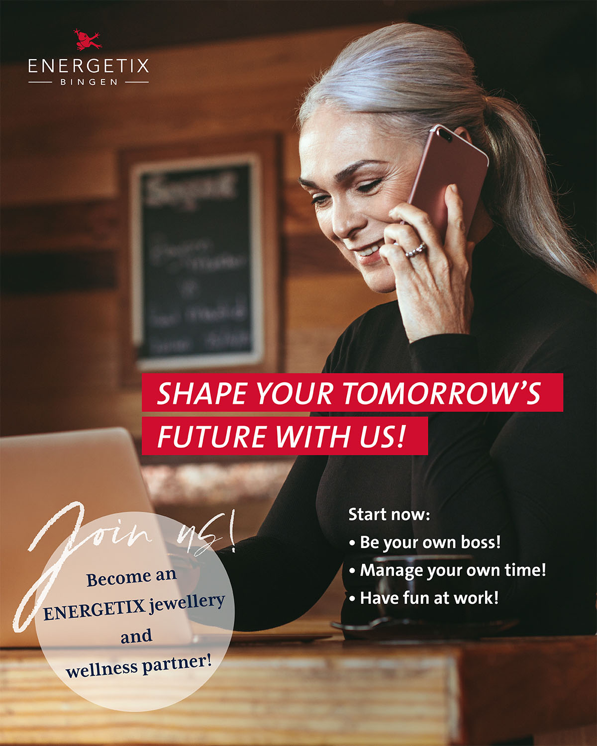 A lady holding a phone and working at home on her laptop, with text saying; Shape yout tomorrow's future with us