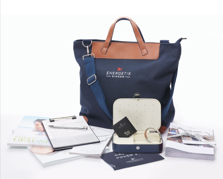 ENERGETIX Business Starter Kit - The stylish bag, filled with a practical jewellery box, a bracelet and lots of other useful sales aids, leaflets and brochures, is the ideal companion for your successful ENERGETIX launch!