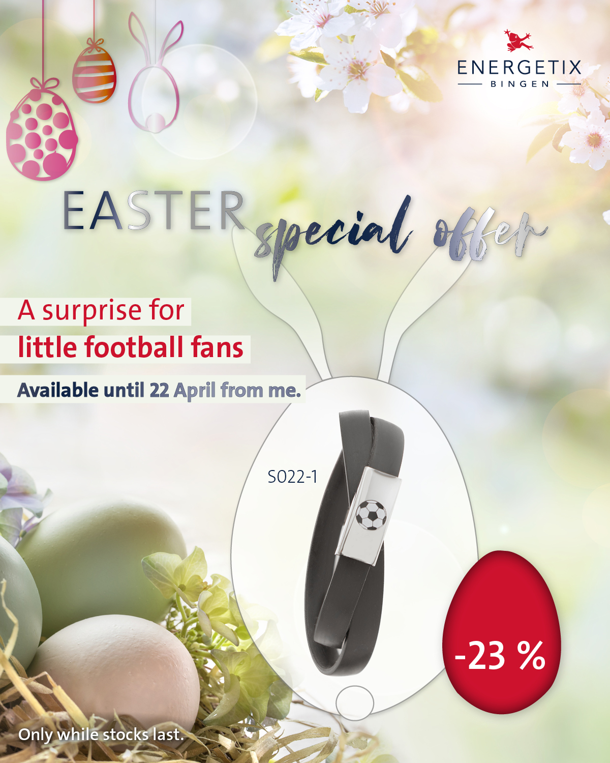 ENERGETIX Easter Special offers. Black, double wrap bracelet, with stainless-steel slider with a football motif and incorporated magnet. 23% discount