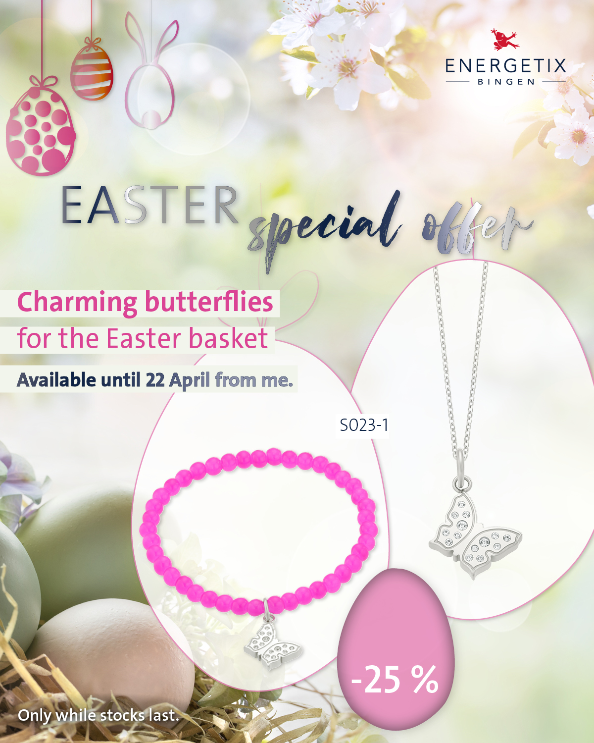 ENERGETIX Easter Special offers. Pink bead magnetic bracelet with butterfly charm, and matching butterfly pendant necklace with crystals and stainless-steel chain.