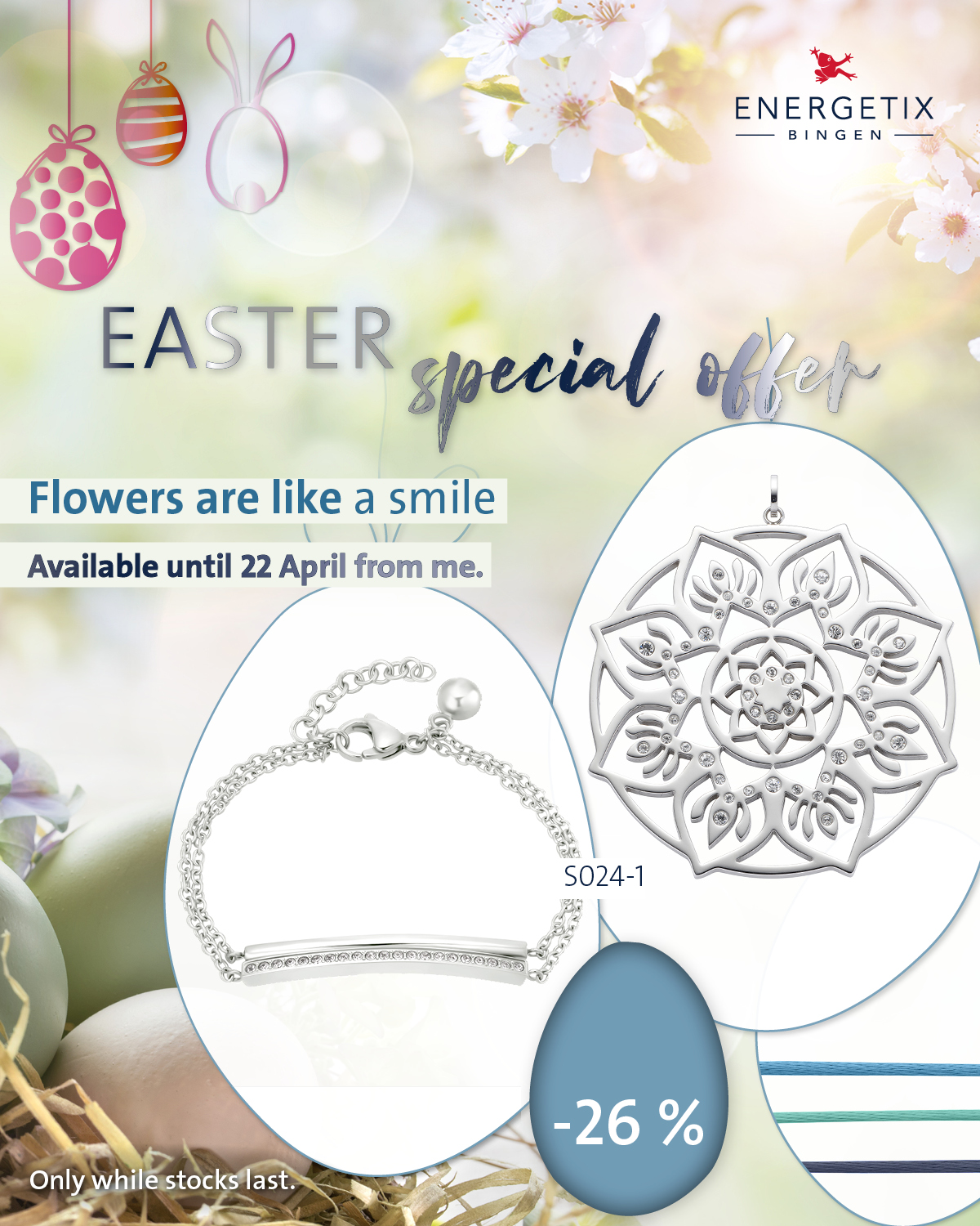 ENERGETIX Easter Special offers. Large silver-coloured pendant with floral motif and multitude of small crystals, comes with a double-row bracelet and three colored textile cords in shades of blue. 26% discount.