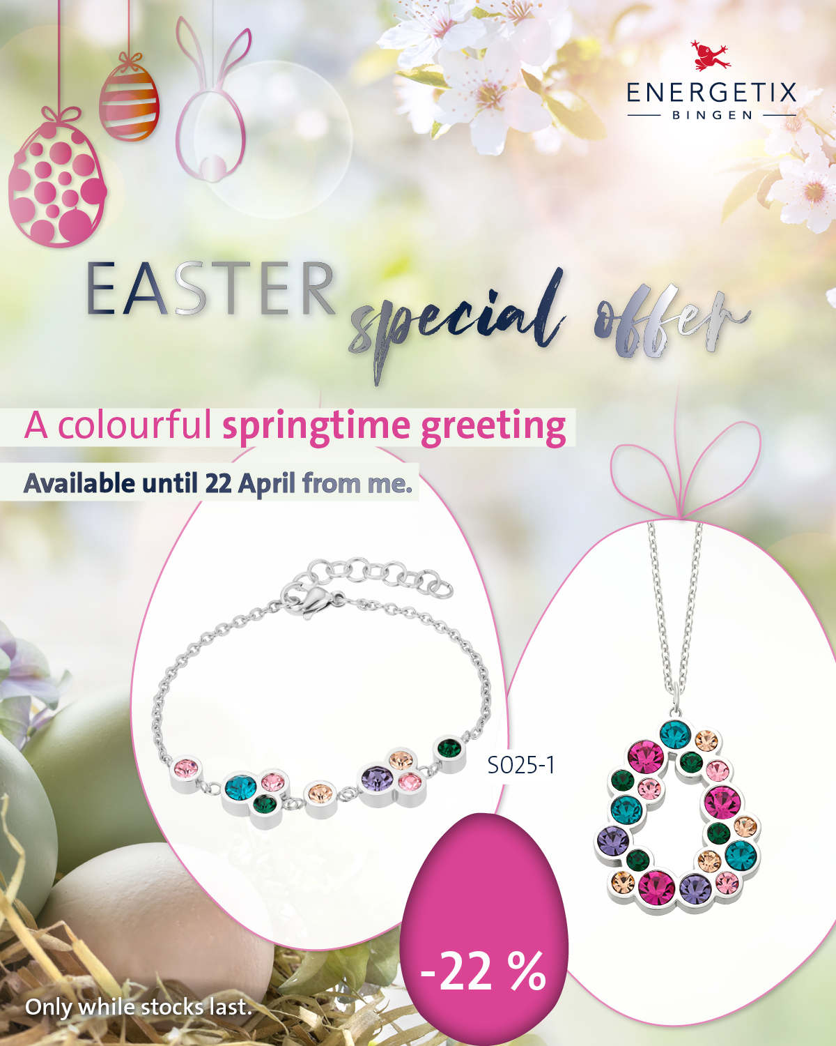 ENERGETIX Easter Special offers. Multi-colour crystal magnetic bracelet and matching pendant with stainless-steel chain. 22% discount.