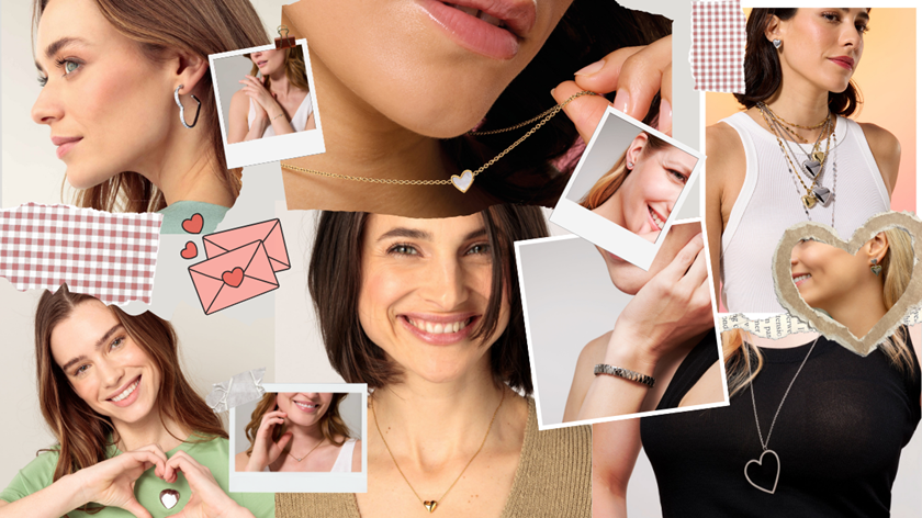A collage of photos of various models wearing heart inspired jewellery