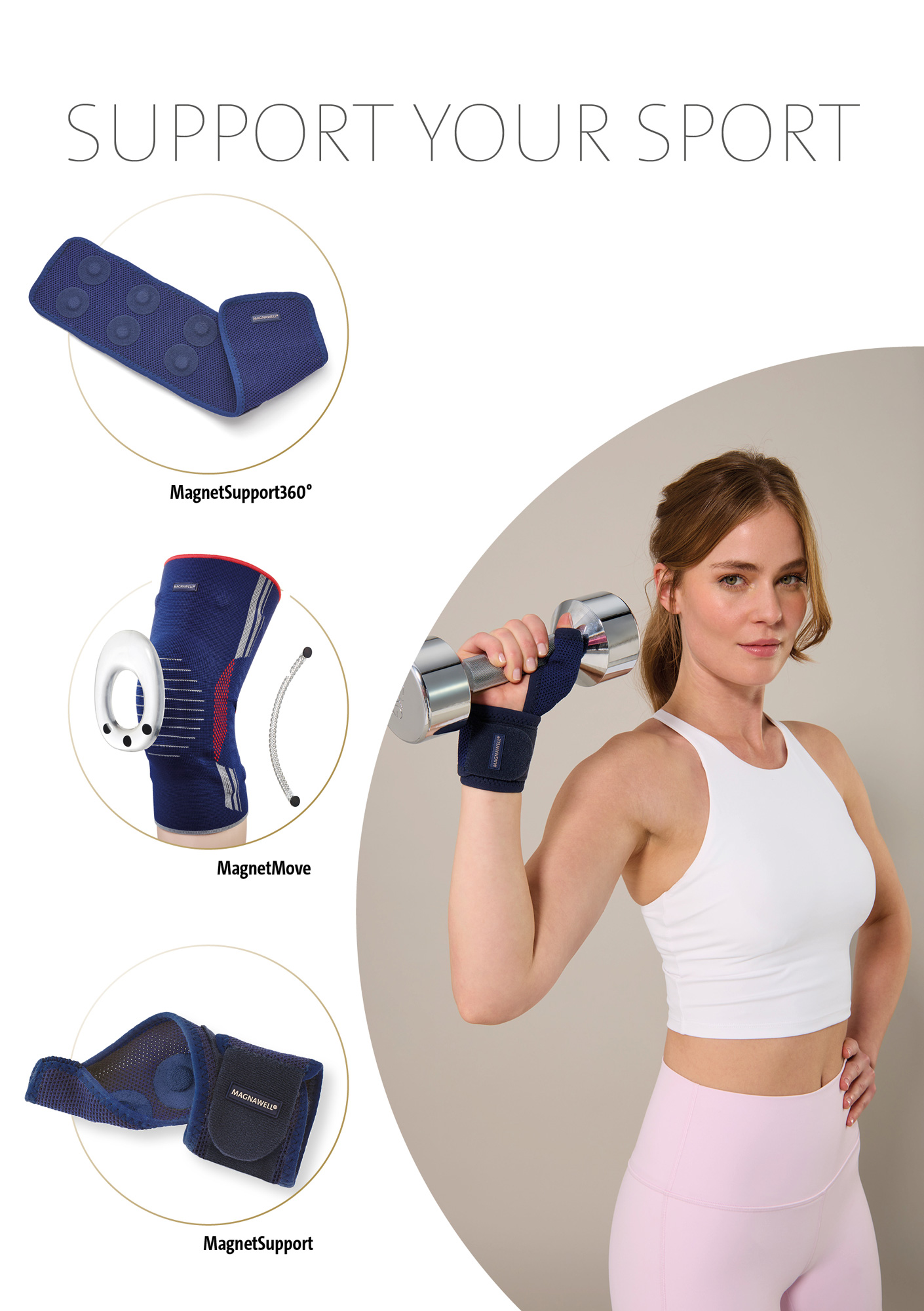 Text: support your sport. A model on the right, wearing sports clothes and holing up a large dumbbell, is also wearing a MagnetSupport hand bandage. On the left are three circles with photos of the MagnetSupport 360, MagnetMove knee support, and MagnetSupport hand bandage.