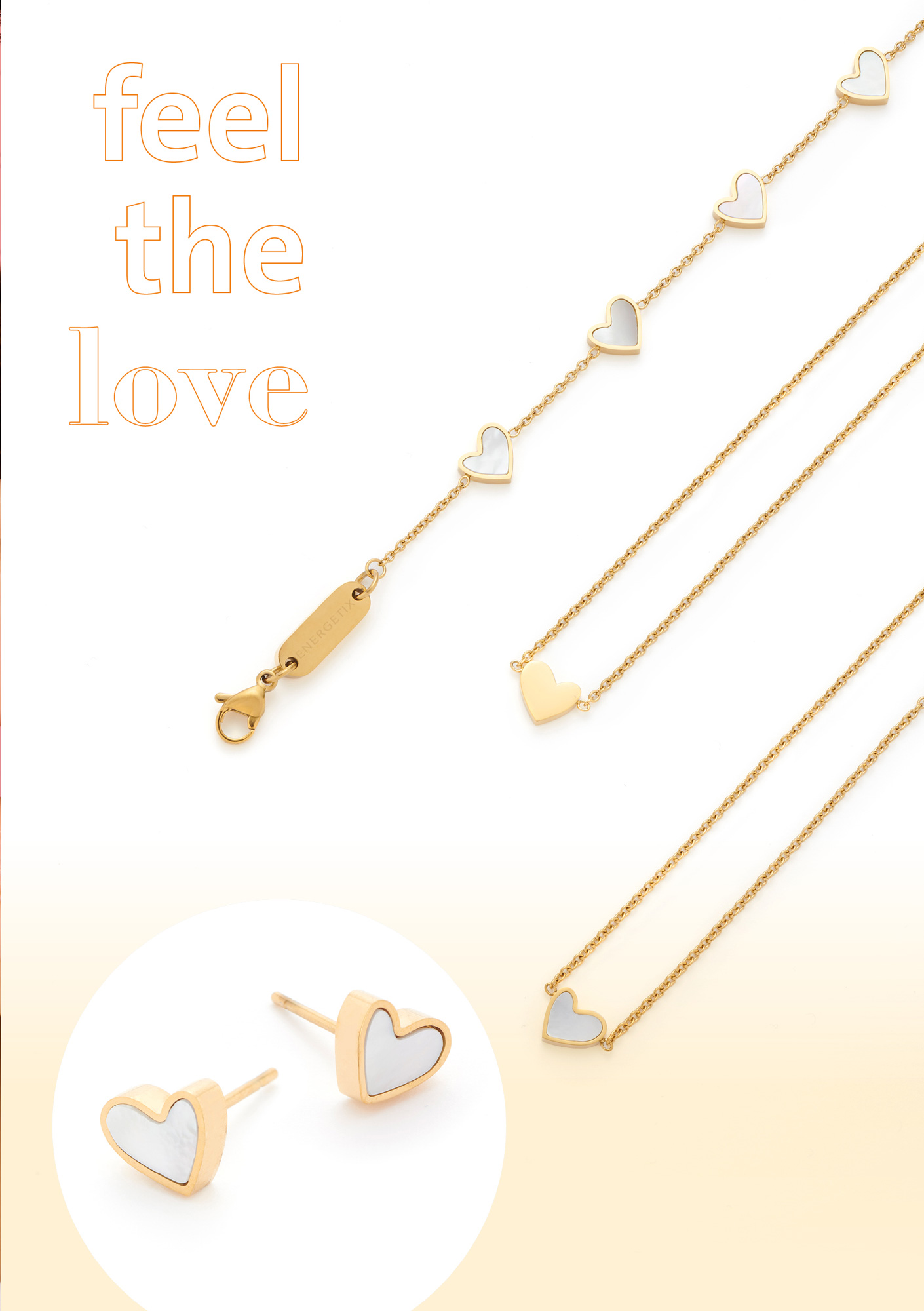 Text: feel the love. Gold coloured chain bracelet with four small hearts, each decorated with iridescent mother-of-pearl. A delicate gold-coloured magnetic chain carries a small heart with a shimmering mother-of-pearl inlay. The same necklace is reversed so you just see the gold coloured back. A pair of gold coloured, heart shaped ear studs with mother-of-pearl inlay.