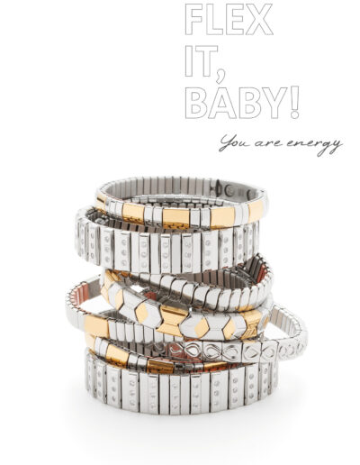 Text says 'flex it, baby! you are energy', and shows a stack of various flexbracelets