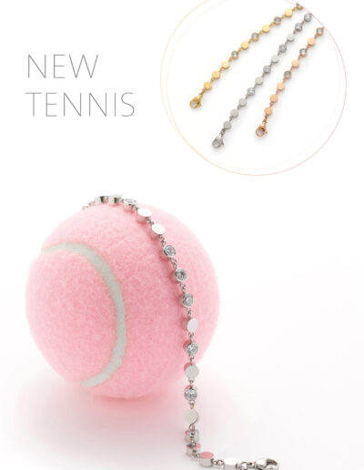 A pink tennis ball with a silver colour tennis bracelet drapped over it. A circle above shows the tennis bracelet is available in three colours - silver, gold and rose-gold
