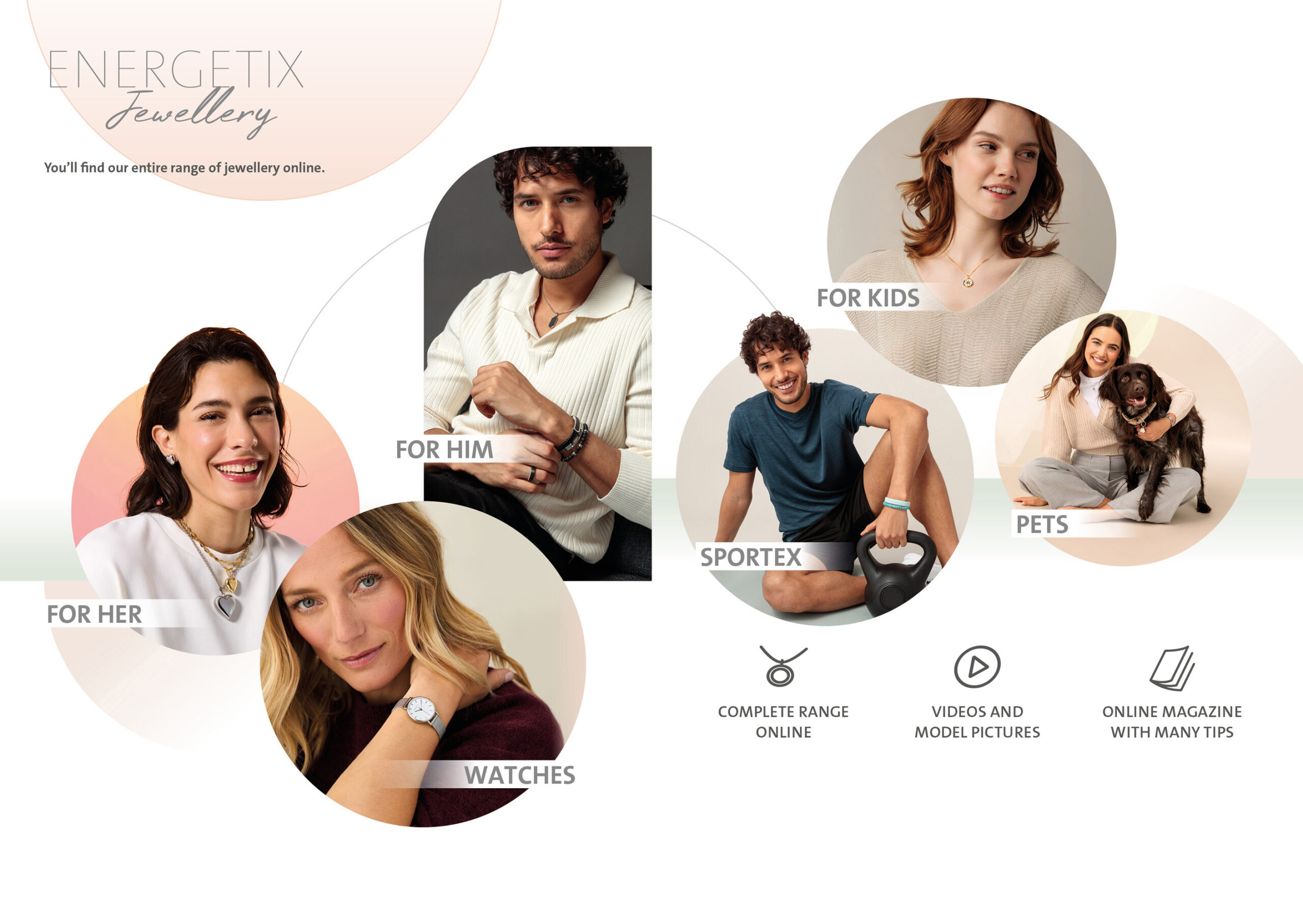 Text: Energetix Jewellery - you'll find our entire range of jewellery online. Various model photos with text that says; for her, for him, watches, for kids, sportEX, pets. 