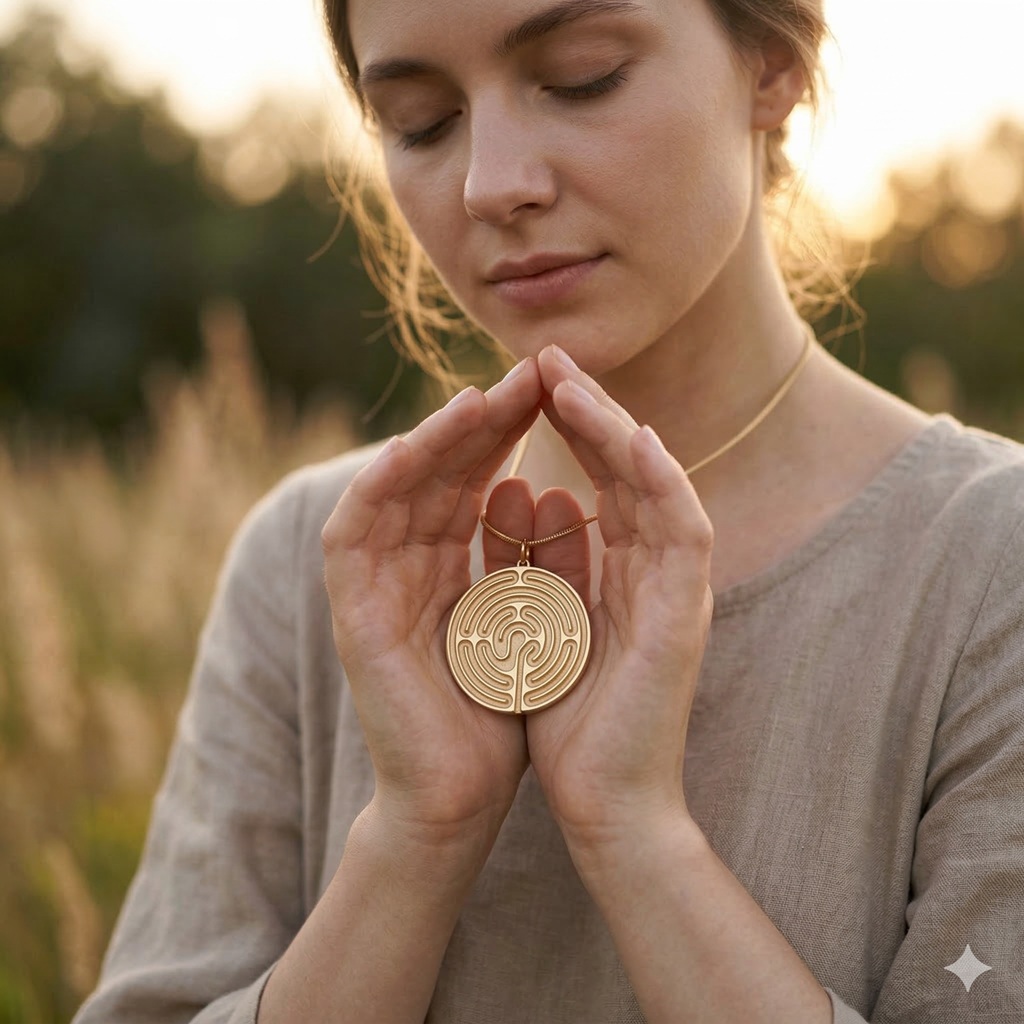 A close-up, emotional lifestyle photograph of a woman with her eyes closed in a reflective moment, gently holding a circular gold labyrinth pendant necklace between her hands near her chest against a soft-focus, sunlit field at golden hour.