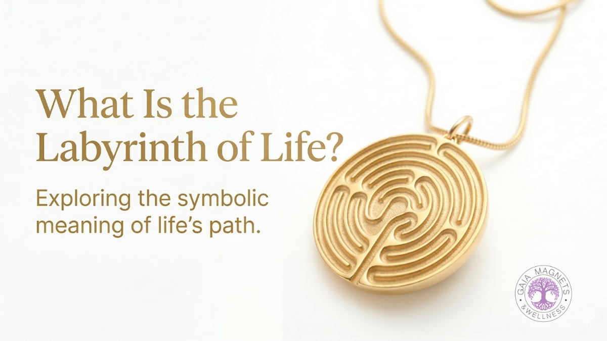 A close-up photograph of a gold circular labyrinth pendant and chain on a white background, featuring the text "What Is the Labyrinth of Life? Exploring the symbolic meaning of life's path".