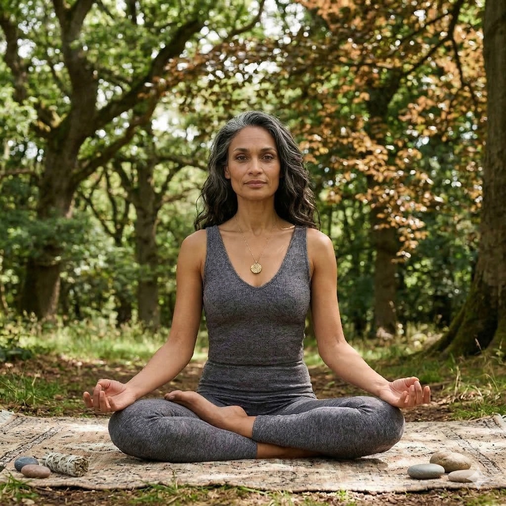 A woman with long, wavy grey hair sitting in a cross-legged yoga pose on a patterned rug in a sunlit forest, wearing a grey athletic set and a gold labyrinth pendant necklace.