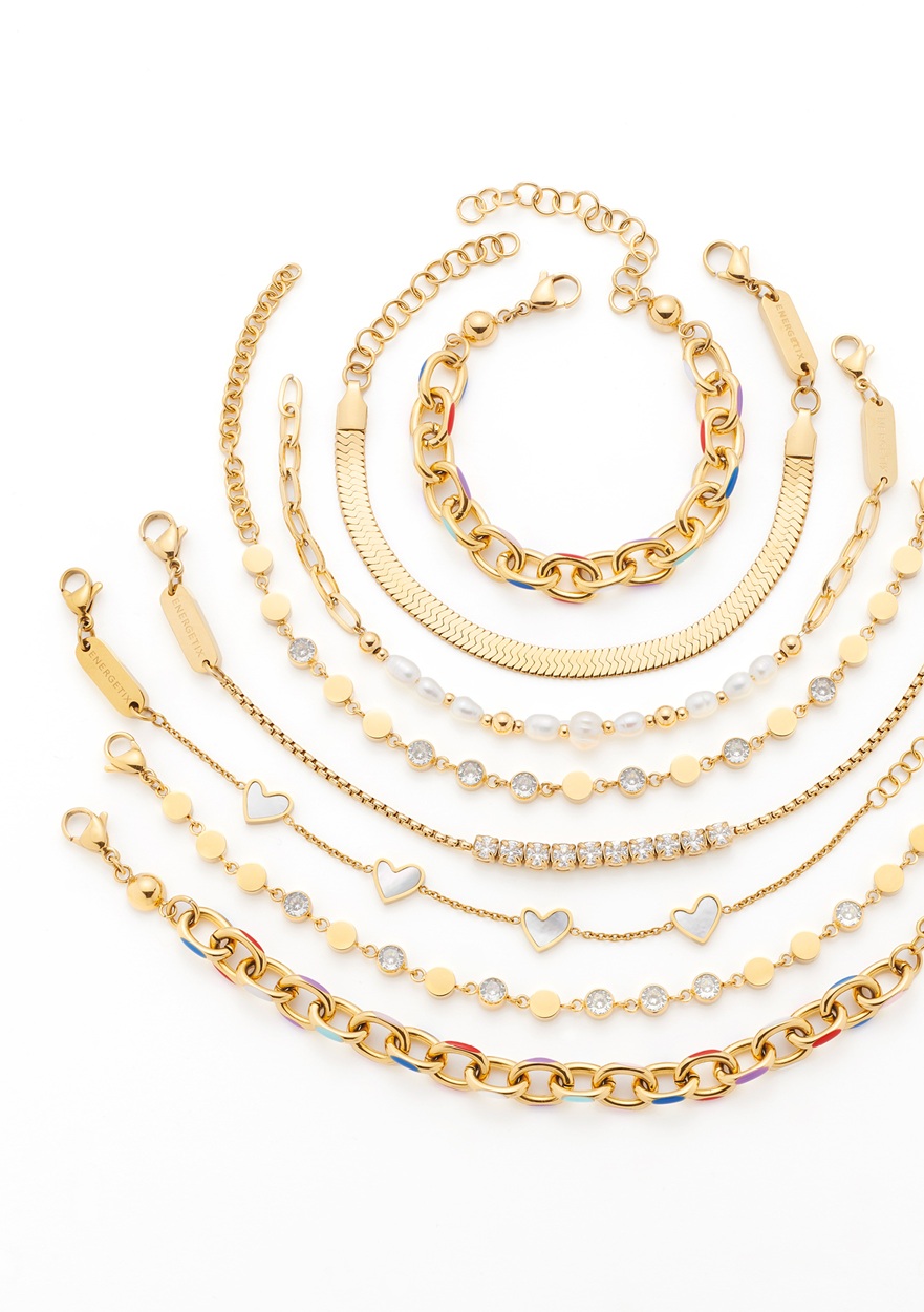 A selection of ENERGETIX gold-coloured Magnetic Bracelets and Necklaces.