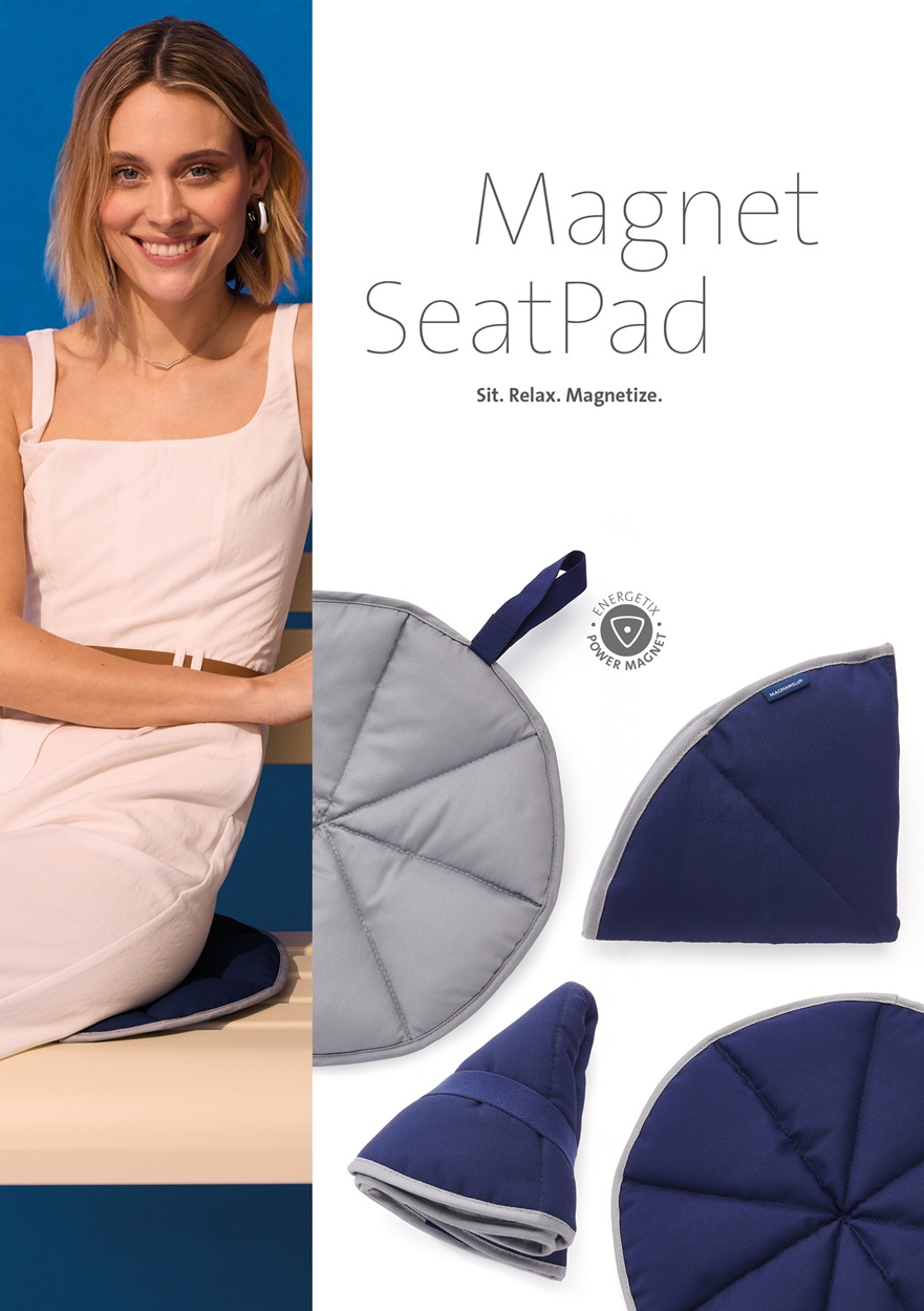A female model sitting on an ENERGETIX Magnet Seat Pad, with photos to the right showing how it folds up.